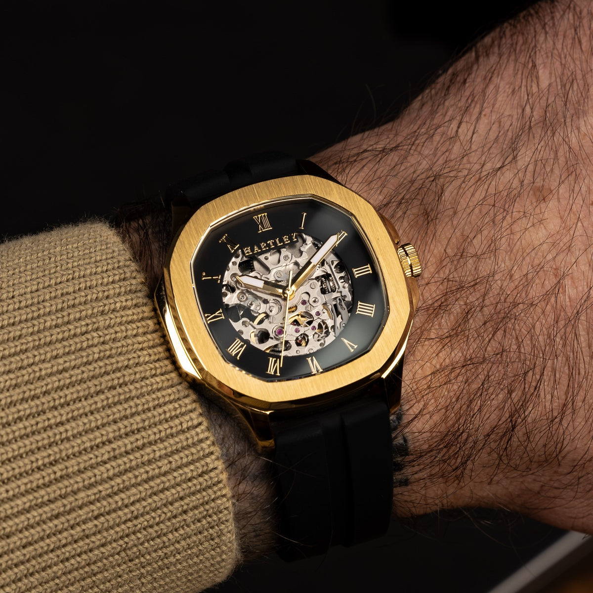 HARTLEY LEGACY GOLD BLACK SILICONE ON WRIST